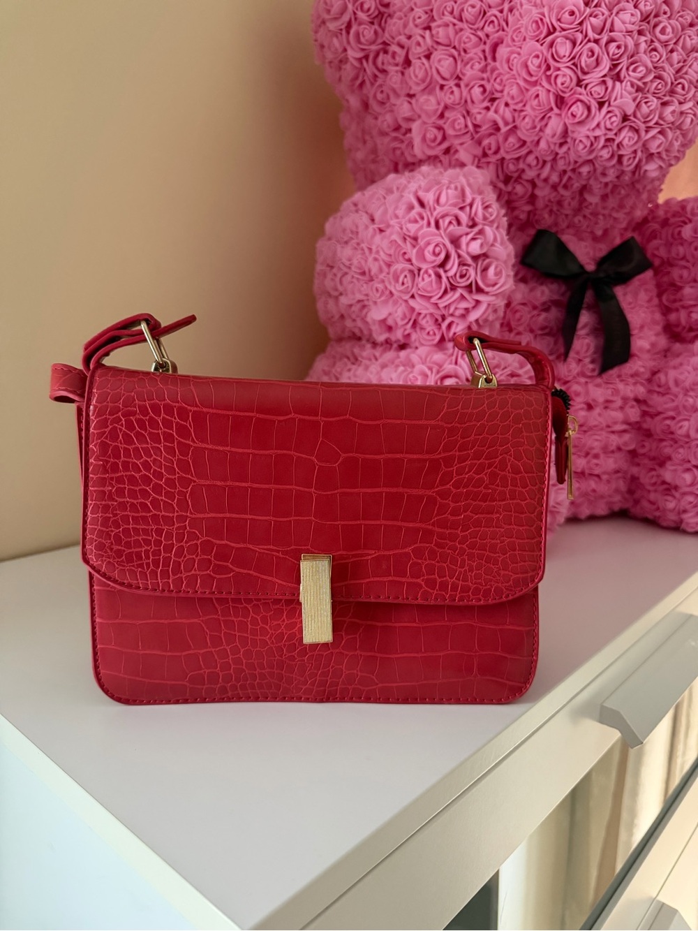 Red Croc-Texture Shoulder Bag with Gold Hardware
